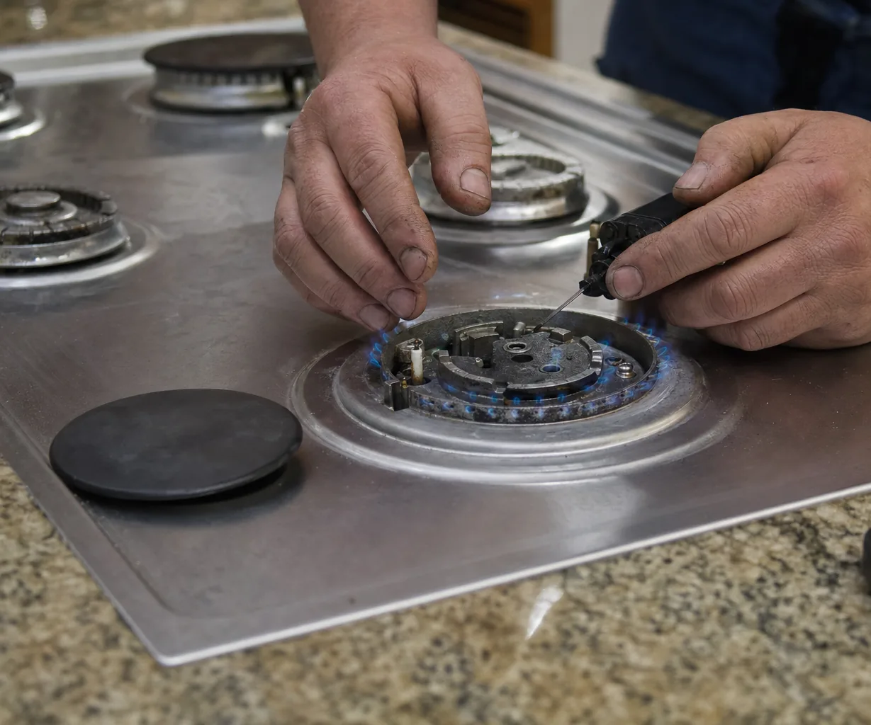 A stainless gas cooktop in use, the appliance a hood has to draw over