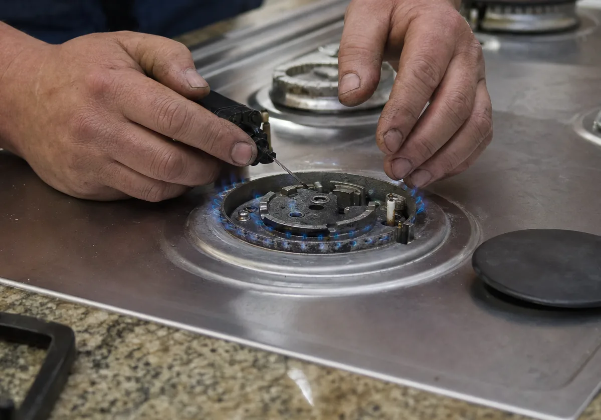 A technician adjusting a lit sealed burner on a stainless gas cooktop set into granite