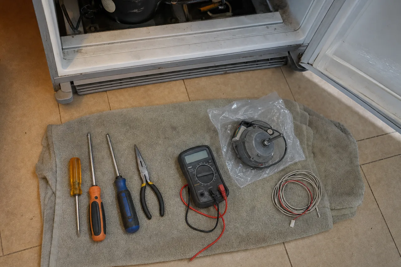 Tools and a replacement fan motor laid out on a towel in front of a refrigerator with its base grille removed