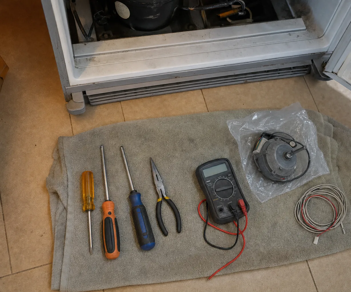 Screwdrivers, pliers, a multimeter and a bagged replacement motor arranged on a work towel before a job starts