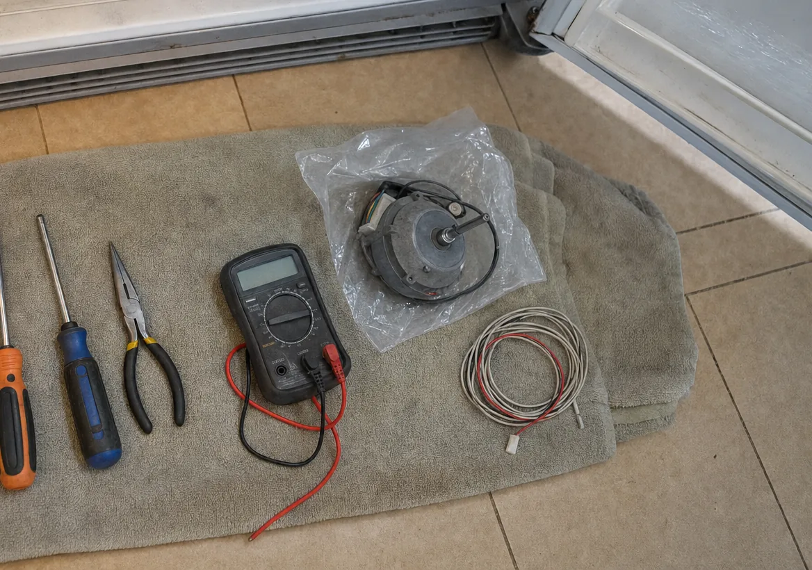 The base grille off a refrigerator, compressor and coil visible, tools laid out on the tile