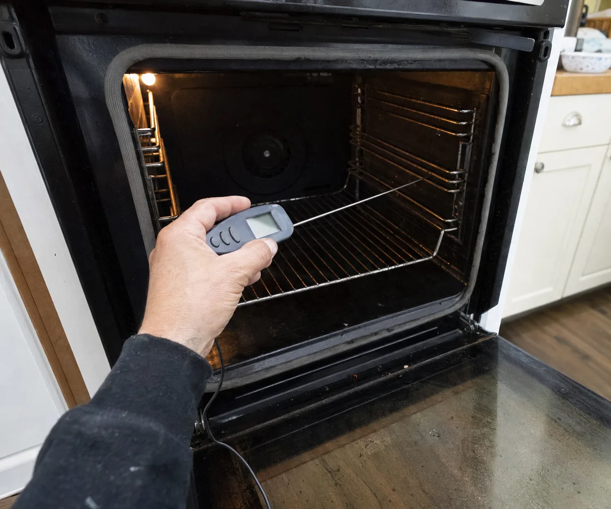 A technician taking an oven temperature with a probe rather than reading the front display